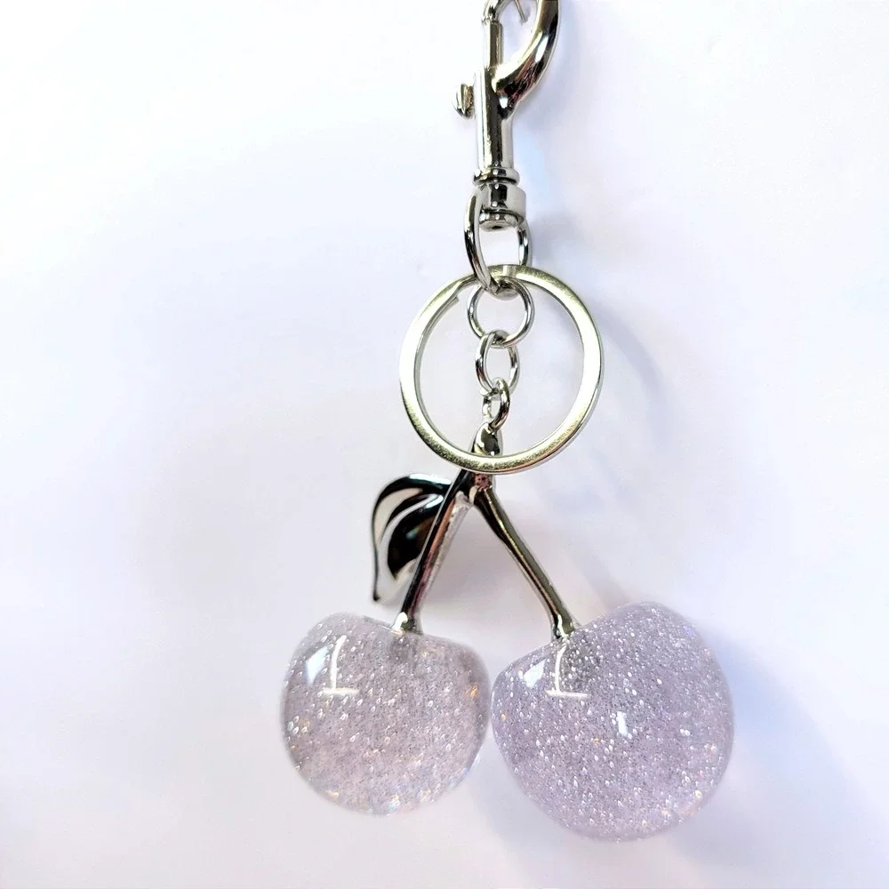 Bag Charm Keychain Glitter Resin Double Cherry Silver Womens Blossom Fairycore